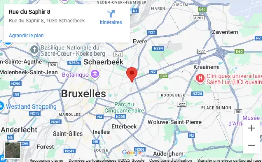 Image satellite du cabinet de kinésithérapie, situé à Schaerbeek, Bruxelles, proche du parc Josaphat. Le cliché montre l’emplacement exact du cabinet et son environnement urbain, facilitant l’accès pour les patients locaux et ceux des environs.